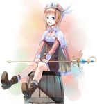  atelier_(series) atelier_rorona banned_artist barrel blue_eyes blush boots brooch cape hat jewelry looking_at_viewer orange_hair paseri rororina_fryxell short_hair sitting smile solo staff 