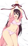  arms_up bad_id bad_pixiv_id bdsm bed_sheet black_hair blue_eyes blush bondage bound bound_wrists bow bow_panties bra breasts embarrassed highres infinite_stratos lingerie long_hair looking_at_viewer lying medium_breasts navel on_back open_clothes open_mouth panties pink_bra pink_panties restrained ribbon ribbon_bondage shinonono_houki solo tachimi_(basue) underwear underwear_only 