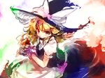  &gt;:) blonde_hair fingerless_gloves gloves hat kirisame_marisa looking_at_viewer mini-hakkero purple_eyes smile solo touhou ukyo_rst v-shaped_eyebrows witch_hat 