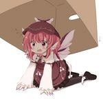  all_fours animal_ears bad_id bad_pixiv_id blush box brown_dress cardboard_box catching dress earrings fang fingernails fuuen_(akagaminanoka) hat jewelry long_fingernails mystia_lorelei open_mouth pantyhose pink_eyes pink_hair solo thighhighs touhou wavy_mouth wings 