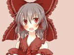  ascot bad_id bad_pixiv_id blush bow brown_hair detached_sleeves dress hair_bow hair_tubes hakurei_reimu highres open_mouth pasutel red_dress red_eyes simple_background solo touhou 