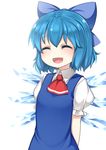  arms_behind_back ascot blue_dress blue_hair bow cirno closed_eyes dress hair_bow highres ice ice_wings nakamura_kusata open_mouth short_hair simple_background smile solo touhou upper_body white_background wings 