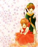  1girl brown_eyes brown_hair cardcaptor_sakura chinese_clothes dress fuu_(442hz) green_eyes hat highres kinomoto_sakura li_xiaolang pink_hat short_hair sword weapon 