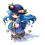  :&gt; apron blue_hair blush_stickers bow capura_lin chibi dress food fruit hands_on_hilt hat hinanawi_tenshi keystone large_bow long_hair lowres peach puffy_sleeves red_eyes ribbon rock rope shide shimenawa simple_background smile solo standing sword sword_of_hisou touhou waist_apron weapon 