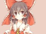  ascot bad_id bad_pixiv_id blush bow brown_eyes brown_hair detached_sleeves dress hair_bow hair_tubes hakurei_reimu highres pasutel red_dress simple_background solo touhou 