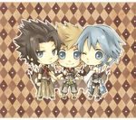  2boys aqua_(kingdom_hearts) armor bad_id bad_pixiv_id bare_shoulders bike_shorts black_legwear black_shirt black_shorts blonde_hair blue_eyes blue_hair brown_hair brown_hakama brown_pants checkered_wristband detached_sleeves esola hakama holding_hands japanese_clothes kingdom_hearts kingdom_hearts_birth_by_sleep multiple_boys one_eye_closed pants shirt short_hair shorts terra_(kingdom_hearts) thighhighs ventus wristband 