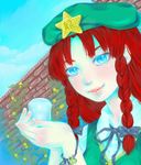  bell beret blue_eyes bracelet braid colored_eyelashes day face fingernails flower glass hands hat holding hong_meiling jewelry lips long_hair looking_at_viewer mago_(gengennikoniko) pale_skin red_hair ribbon rose sky slit_pupils smile solo star touhou twin_braids yellow_flower yellow_rose 