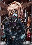  bandages black_sclera blonde_hair blood blue_skin call_of_duty call_of_duty:_black_ops evil_smile gas_mask gloves glowing glowing_eyes gun guro handgun highres locked_slide monster_girl open_mouth ponytail severed_hand smile smoke smoking_gun solo tony_(chikaku_kabin) watch weapon yellow_eyes zombie 