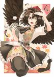  ;d abo_(hechouchou) ascot belt black_wings bow brown_hair brown_legwear dress_shirt feathers hat leaf legs looking_at_viewer low_wings maple_leaf newspaper one_eye_closed open_mouth pom_pom_(clothes) red_eyes shameimaru_aya shirt short_hair skirt smile solo thighhighs thighs tokin_hat touhou wings zettai_ryouiki 