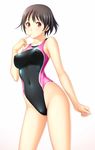 bare_shoulders black_hair breasts collarbone competition_swimsuit covered_nipples finger_to_mouth highres kuri_(kurigohan) looking_at_viewer medium_breasts one-piece_swimsuit original red_eyes shiny short_hair sideboob simple_background skin_tight solo speedo_(company) swimsuit 