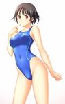  bare_shoulders black_hair breasts competition_swimsuit covered_nipples finger_to_mouth highleg highleg_swimsuit highres kuri_(kurigohan) looking_at_viewer medium_breasts one-piece_swimsuit original red_eyes shiny short_hair sideboob simple_background skin_tight solo speedo_(company) swimsuit 