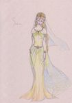  bad_id bad_pixiv_id bare_shoulders blonde_hair bracelet circlet dress final_fantasy final_fantasy_i hand_on_hip jewelry sarah_(ff1) solo traditional_media veil 