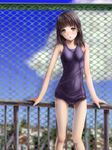  black_hair blurry blush brown_eyes chain-link_fence cloud day depth_of_field fence looking_at_viewer one-piece_swimsuit open_mouth original phazer railing school_swimsuit sky solo swimsuit 