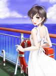  :d antenna_hair black_hair blush cloud day dress from_behind highres looking_at_viewer looking_back ocean open_mouth original phazer railing red_eyes short_hair sky smile solo 