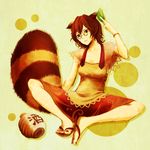  alcohol animal_ears bad_id bad_pixiv_id brown_dress brown_eyes brown_hair dress futatsuiwa_mamizou glasses highres leaf pince-nez raccoon_ears raccoon_tail risu_maroon sake sandals short_hair sitting solo tail touhou yellow_background 