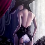 ass back backless_outfit black_hair curtains flower garter_belt hat original panties raito_(010415) red_eyes rose solo underwear white_flower white_panties white_rose witch_hat 