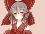  ascot bad_id bad_pixiv_id blush bow brown_hair detached_sleeves dress hair_bow hair_tubes hakurei_reimu highres pasutel red_dress red_eyes simple_background solo touhou translated 