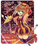  2011 brown_hair cardcaptor_sakura dated elbow_gloves gloves green_eyes halloween happy_halloween hat horns jack-o'-lantern kero kinomoto_sakura orange_hat polearm pumpkin pumpkin_pants red_gloves short_hair siori tail thighhighs trick_or_treat trident weapon 