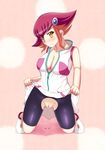  1girl bike_shorts blush female highres kouzuki_anna kozuki_anna_(yugioh_zexal) latex miniskirt no_panties nurumoji pixiv_manga_sample pussy red_hair resized skin_tight skirt skirt_lift solo yu-gi-oh! yugioh_zexal yuu-gi-ou_zexal 