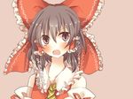  ascot bad_id bad_pixiv_id blush bow brown_eyes brown_hair detached_sleeves dress hair_bow hair_tubes hakurei_reimu highres open_mouth pasutel red_dress simple_background solo touhou translated 