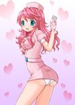  ass belt blue_eyes blush breasts condom erect_nipples gloves hair_ornament hairclip hat heart long_hair looking_back media_(quiz_magic_academy) nurse nurse_cap open_mouth panties pink_hair quiz_magic_academy rari underwear white_panties 