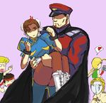  1girl 2girls 4boys anger_vein balrog blonde_hair brown_hair bun_cover cammy_white capcom cape carrying chun-li double_bun guile hat headband heart lowres mask multiple_boys multiple_girls peaked_cap princess_carry ryuu_(street_fighter) simple_background spoken_heart street_fighter vega white_shoes 