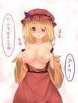  aki_minoriko bad_id bad_pixiv_id blonde_hair blush breasts brown_dress covering covering_breasts denpaken_pochi dress food fruit grapes hat large_breasts midriff off_shoulder open_clothes open_dress open_mouth red_eyes solo touhou translated 