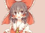  ascot bad_id bad_pixiv_id blush bow brown_eyes brown_hair detached_sleeves dress hair_bow hair_tubes hakurei_reimu highres open_mouth pasutel red_dress simple_background solo touhou 