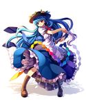  blue_hair boots bow capura_lin cross-laced_footwear dress food fruit full_body hat hinanawi_tenshi keystone lace-up_boots large_bow long_hair orange_eyes peach puffy_sleeves ribbon rock rope shide shimenawa simple_background smile solo standing sword sword_of_hisou touhou weapon 