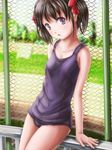  arm_support black_hair blush bow chain-link_fence collarbone fence hair_bow looking_at_viewer one-piece_swimsuit original phazer purple_eyes railing school_swimsuit short_hair solo swimsuit 