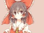  ascot bad_id bad_pixiv_id bow brown_eyes brown_hair detached_sleeves dress hair_bow hair_tubes hakurei_reimu highres pasutel red_dress simple_background solo touhou translated 