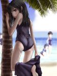  beach black_hair blush brown_eyes cloud day leg_lift long_hair looking_back multiple_girls ocean one-piece_swimsuit original outdoors palm_tree partially_submerged phazer school_swimsuit shade skirt sky standing standing_on_one_leg swimsuit tree undressing water 