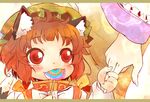  :3 animal_ears blush brown_hair candy cat_ears cat_tail chen child dress earrings food food_in_mouth fox_tail hat holding_hands im_(badmasa) jewelry letterboxed lollipop multiple_girls multiple_tails nekomata red_dress red_eyes short_hair tail touhou white_dress yakumo_ran 