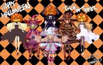  6+girls argyle argyle_background bad_id bad_pixiv_id blonde_hair blue_eyes boots candy food halloween happy_halloween hat highres jack-o'-lantern kansou_samehada multiple_girls original pumpkin purple_hair red_hair trick_or_treat twintails 