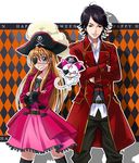  1girl argyle argyle_background belt black_hair blue_eyes captain_marvelous cat cosplay crossover dress eyepatch halloween happy_halloween hat houjou_hibiki hummy_(suite_precure) jolly_roger kaizoku_sentai_gokaiger long_hair mahkn pink_dress pirate pirate_hat precure season_connection short_hair skull skull_and_crossbones skull_and_crossed_swords suite_precure super_sentai 