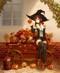  1girl bare_shoulders barrel black_legwear breasts brick_wall cleavage detached_sleeves flower green_eyes halloween hat heart jack-o'-lantern long_hair medium_breasts neck_ribbon original pumpkin red_hair ribbon shoes sitting smile solo thighhighs wagon window witch_hat 