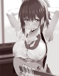  1girl adjusting_hair armpits arms_behind_head arms_up bangs blush breasts cleavage electric_guitar erect_nipples greyscale guitar highres instrument lactation large_breasts long_hair looking_at_viewer monochrome necktie noripachi original ponytail smile solo sweat upper_body 