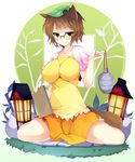  absurdres alcohol animal_ears bamboo bottle breasts brown_dress brown_eyes brown_hair dress faux_figurine futatsuiwa_mamizou glasses highres holding impossible_clothes impossible_shirt kusano_(torisukerabasu) lamp large_breasts leaf leaf_on_head notebook notepad pince-nez raccoon_ears raccoon_tail rock sake shirt short_hair sitting skirt smile solo spread_legs tail touhou wariza 