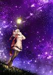  bad_id bad_pixiv_id black_legwear boots catbell coat covering covering_mouth grass grey_hair hair_ribbon highres lamppost looking_up night original ponytail red_eyes ribbon scarf skirt sky solo star_(sky) starry_sky sweater thighhighs 