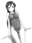  aragaki_ayase arena_(company) blush breasts competition_swimsuit covered_navel covered_nipples dutch_angle greyscale highleg highleg_swimsuit long_hair looking_at_viewer medium_breasts monochrome one-piece_swimsuit ore_no_imouto_ga_konna_ni_kawaii_wake_ga_nai sitting skin_tight smile swimsuit thigh_gap tk4 
