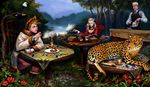  2boys bird blonde_hair book bottle cigar dospi drinking drinking_straw eagle facial_hair forest glasses kiseru leopard multiple_boys mustache nature original pipe reading sitting table tea watch wristwatch 