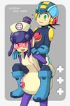  1girl bodysuit boots carrying couple glasses gloves green_eyes hat hetero lowres medi nurse_cap oekaki open_mouth rockman rockman_exe rockman_exe_(character) smile 