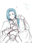  1boy blue_eyes blue_hair character_request long_hair male male_focus monochrome solo spot_color tales_of_(series) tales_of_symphonia translation_request yuan_ka-fai 