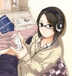  bag bed bedroom black_hair blanket book bookshelf brown_eyes cable checkered clock controller curtains game_console game_controller glasses grey_eyes gun hands headphones indoors kagematsuri magazine original photo_(object) pillow playing_games room school_bag school_uniform shelf short_hair sitting socks solo sweater video_game weapon xbox_360 