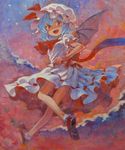  :d absurdres acrylic_paint_(medium) ama-tou bat_wings blue_hair bobby_socks fang flying hat highres looking_back open_mouth red_eyes remilia_scarlet short_hair smile socks solo touhou traditional_media wings 