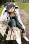  bench black_hair casual chunpai denim flower green_eyes hair_flower hair_ornament highres jeans long_hair pants saten_ruiko sleeves_pushed_up smile solo to_aru_kagaku_no_railgun to_aru_majutsu_no_index 