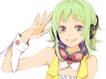  artist_request goggles goggles_around_neck green_eyes green_hair gumi headset short_hair simple_background smile solo vocaloid 