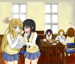  akiyama_mio bad_id bad_pixiv_id black_eyes black_hair blonde_hair blue_eyes blue_skirt brown_eyes brown_hair cake chair closed_eyes doughnut eyebrows food hirasawa_yui indoors k-on! kf kotobuki_tsumugi long_hair multiple_girls nakano_azusa pastry pleated_skirt school_uniform short_hair sitting skirt sweater_vest table tainaka_ritsu tea_set teapot tray twintails wainscoting window 