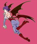  animal_print ass bare_shoulders bat_print bat_wings boots demon_girl elbow_gloves finger_to_mouth gloves head_wings kon_(kdash) leotard lilith_aensland looking_back pantyhose pink_background print_legwear purple_hair red_eyes red_leotard short_hair solo succubus vampire_(game) wings 