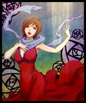  brown_eyes brown_hair dress mamoru_(pixiv) meiko music red_dress scarf short_hair singing solo vocaloid 